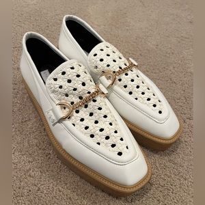 Stella McCartney white lather and gold loafers